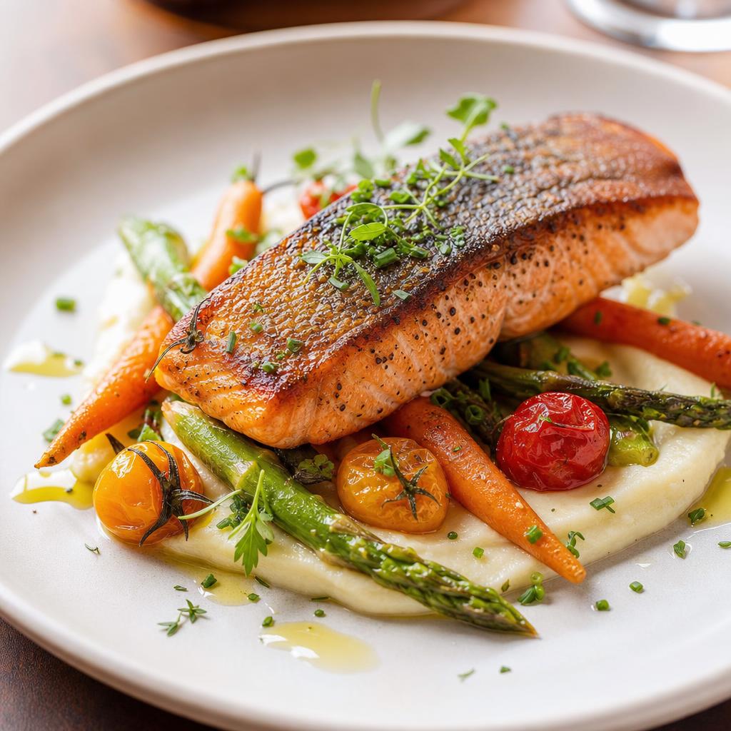 Pavé de saumon rôti, purée de céleri-rave et légumes de saison